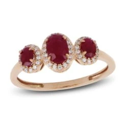 Three-Stone Ruby & Diamond Ring 1/8 Ct Tw Oval, Round-Cut 10K Rose Gold